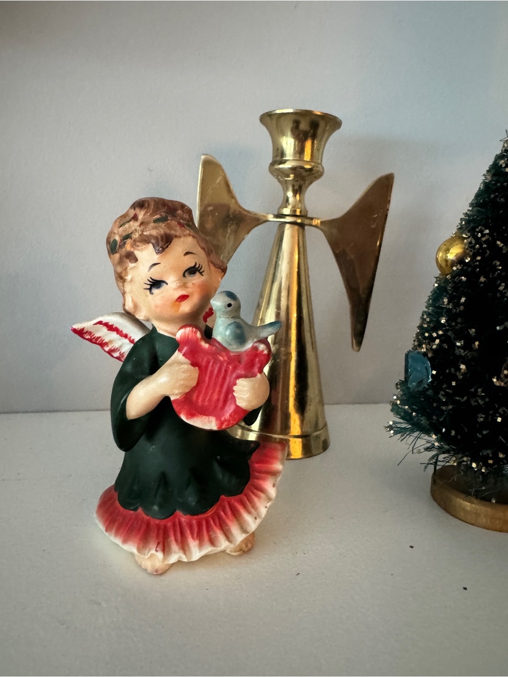 Vintage Christmas Angel Ceramic Figurine Statue Bird and Lyre Green Dress